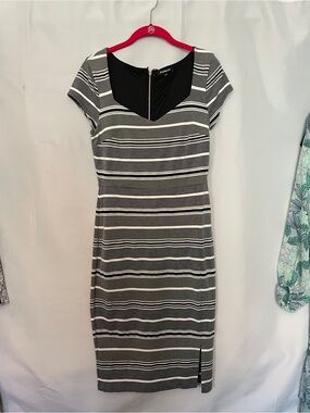 Express Striped Gray & White Sheath Dress with Scoop Neck